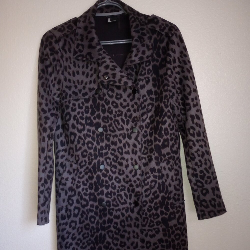 LOVE TOKEN Women's Faux Suede Gray Black Leopard Trench Style